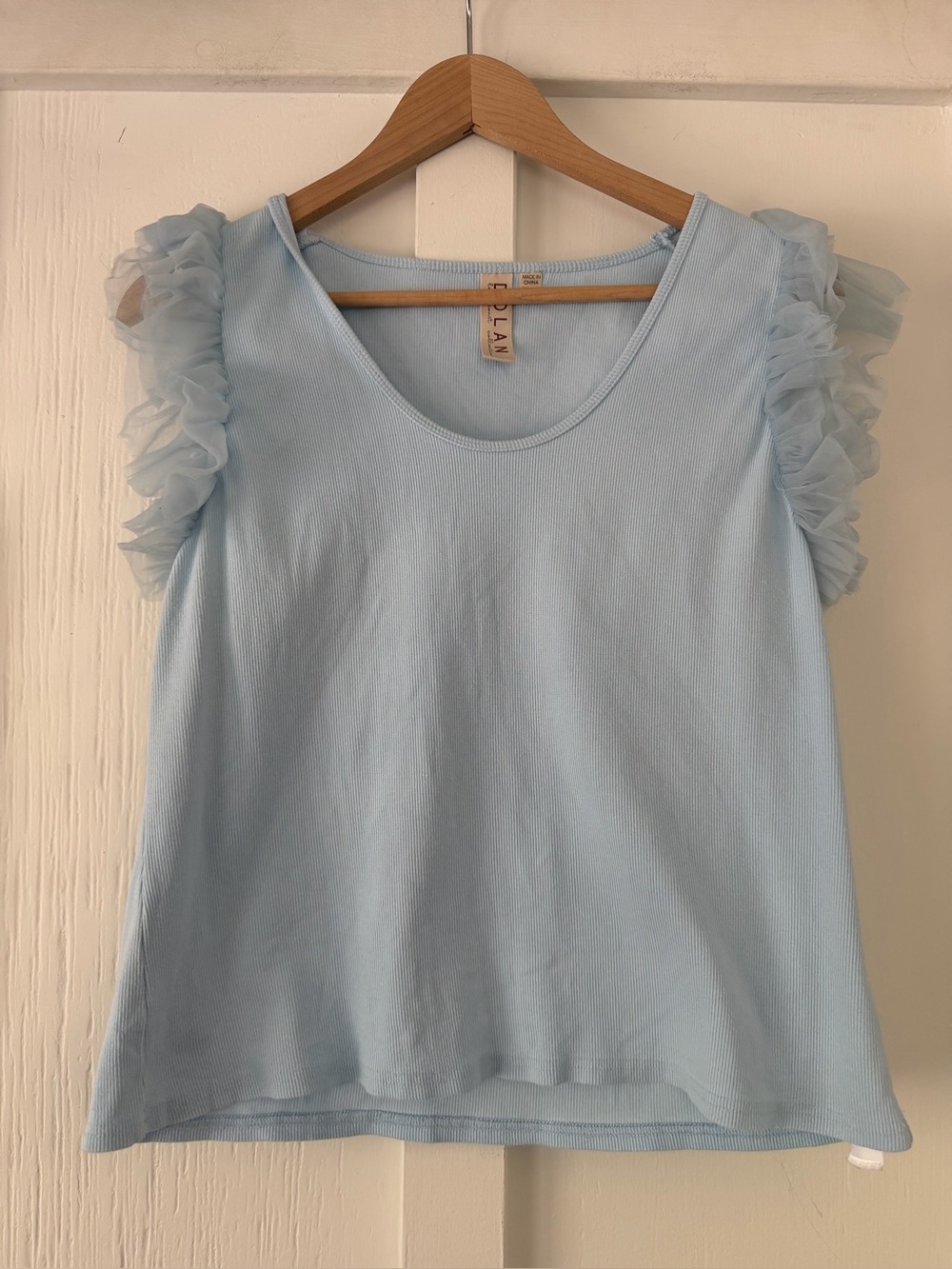 Anthropologie Dolan Tulle Ruffle Sleeve Tank, Blue Ribbed Knit, Size XL.